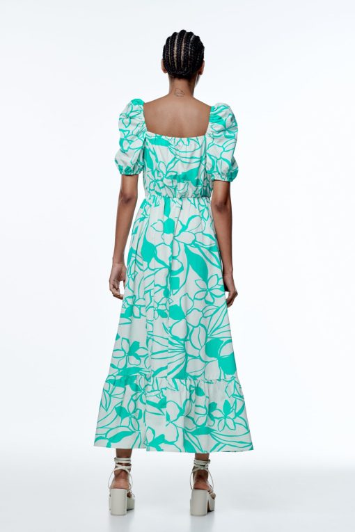 Print Puff Sleeve V-neck Large Hemline Maxi Dress Green