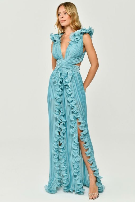 V-Neck Cutout Pleated Split Maxi Dress Green