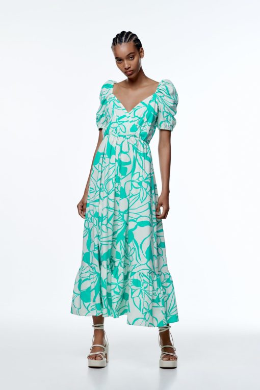 Print Puff Sleeve V-neck Large Hemline Maxi Dress Green