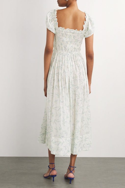 Floral Smocking Puff-Sleeve Midi Dress