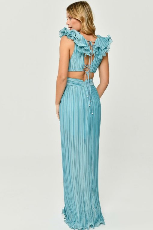 V-Neck Cutout Pleated Split Maxi Dress Green