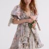Floral Frill V-Neck Puff-Sleeve Mini Dress