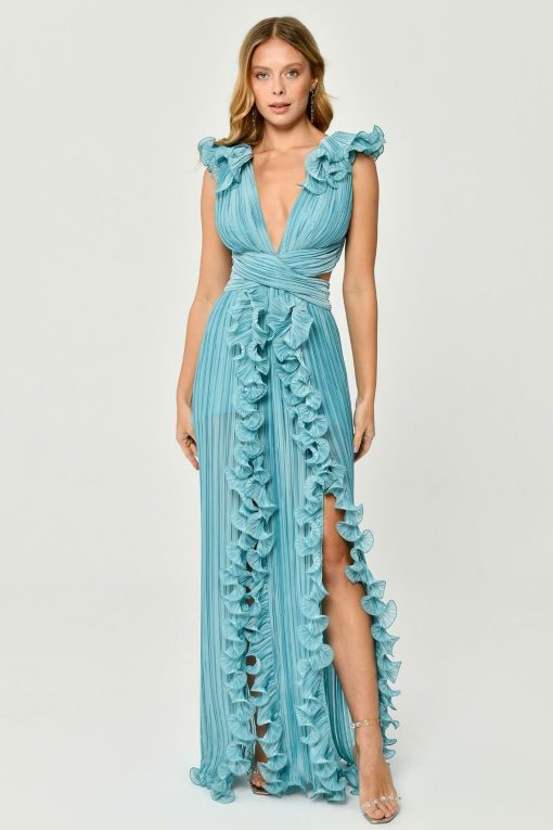 V-Neck Cutout Pleated Split Maxi Dress Green