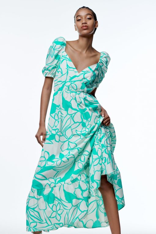 Print Puff Sleeve V-neck Large Hemline Maxi Dress Green
