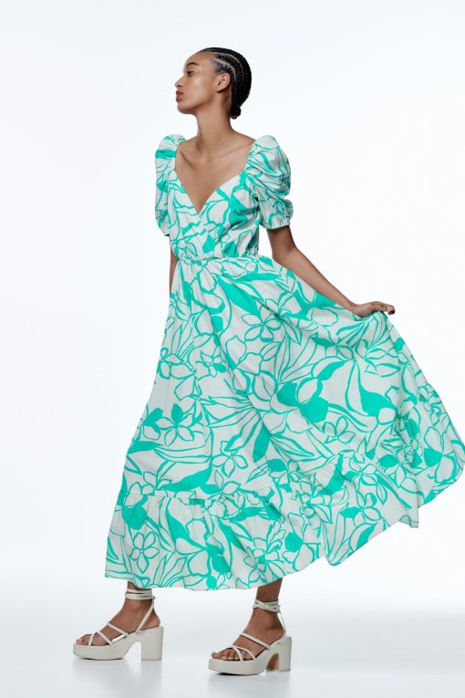 Print Puff Sleeve V-neck Large Hemline Maxi Dress Green