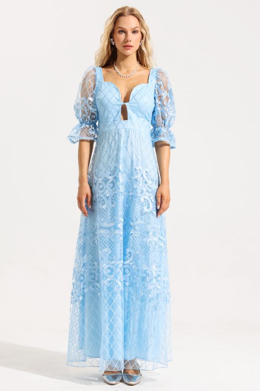 Lace Sweetheart Neck Puff Sleeve Bodycon Maxi Dress