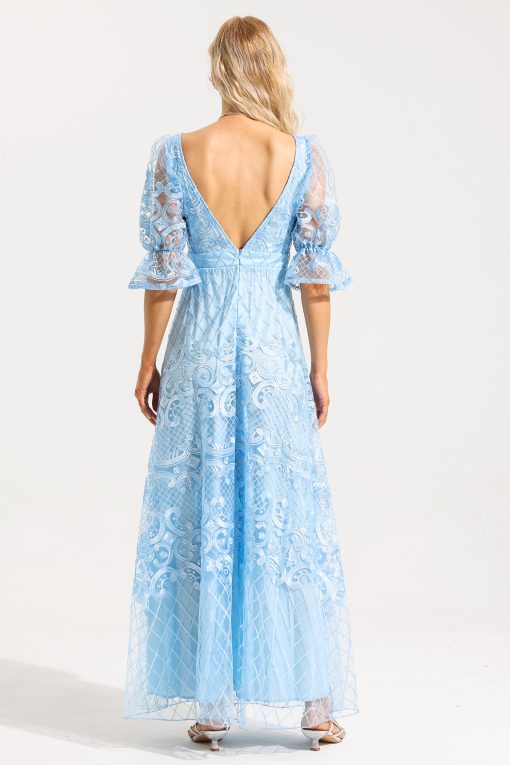 Lace Sweetheart Neck Puff Sleeve Bodycon Maxi Dress
