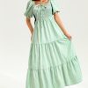 Lattice Short Sleeve Square Collar Smocked Elastic Midi Dress