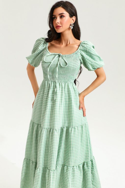 Lattice Short Sleeve Square Collar Smocked Elastic Midi Dress