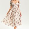 Floral Puff Sleeve Corset Backless Lace Up Slit Midi Dress Pink