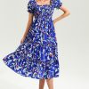 Square Neck Print Short Sleeves Midi Dress