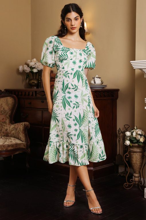 Floral Puff Sleeve Square Collar Slit Midi Dress Green