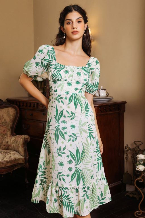Floral Puff Sleeve Square Collar Slit Midi Dress Green