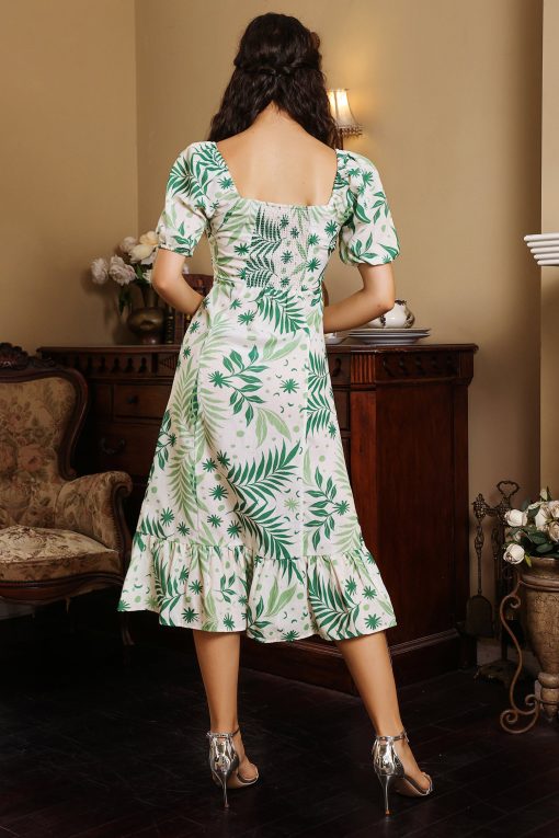 Floral Puff Sleeve Square Collar Slit Midi Dress Green