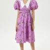 Floral Puff Sleeves V-neck Tapered Waist Midi Dress