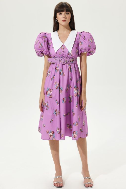 Floral Puff Sleeves V-neck Tapered Waist Midi Dress