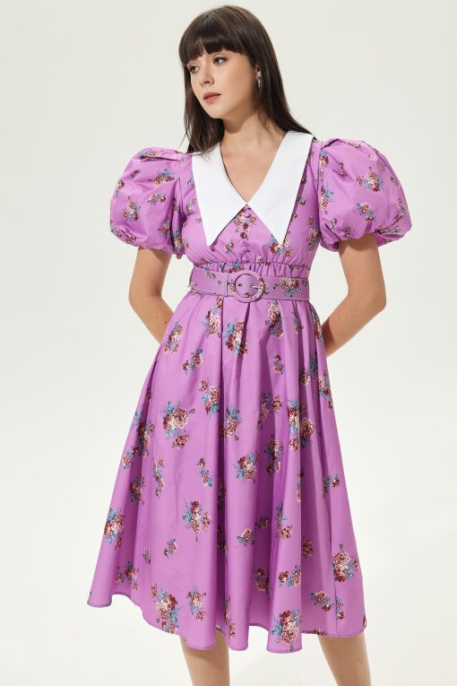 Floral Puff Sleeves V-neck Tapered Waist Midi Dress