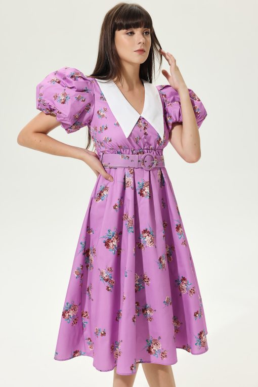 Floral Puff Sleeves V-neck Tapered Waist Midi Dress