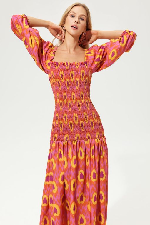 Lantern Sleeve Off-Shoulder Smocked Elastic Midi Dress