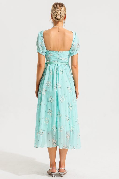 Square Collar Pleated Midi Dress With Belt