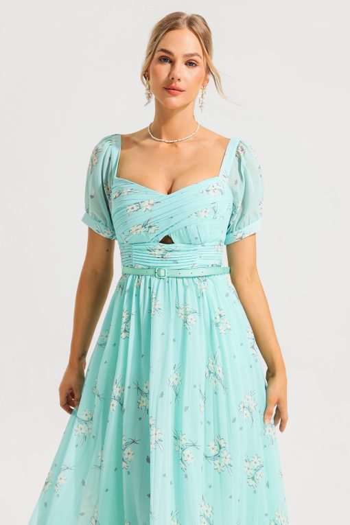 Square Collar Pleated Midi Dress With Belt