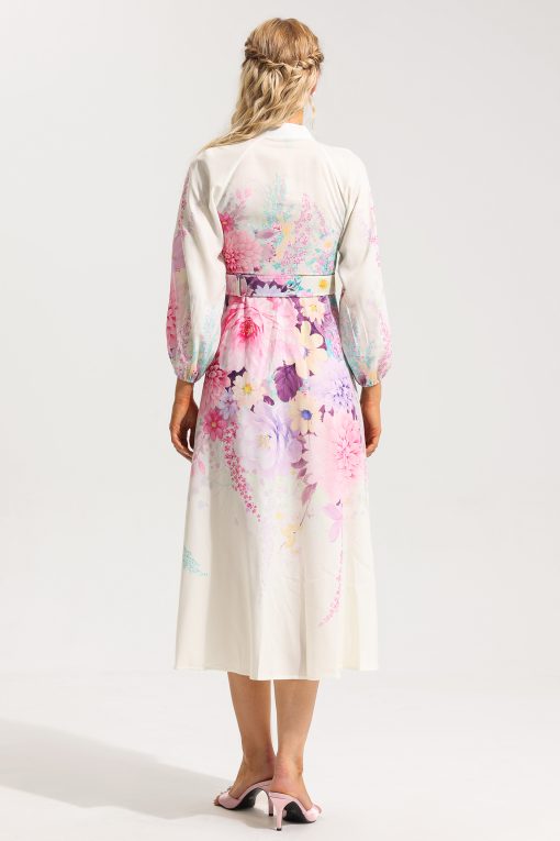 Floral Bottom Lantern Sleeve Midi Dress With Belt