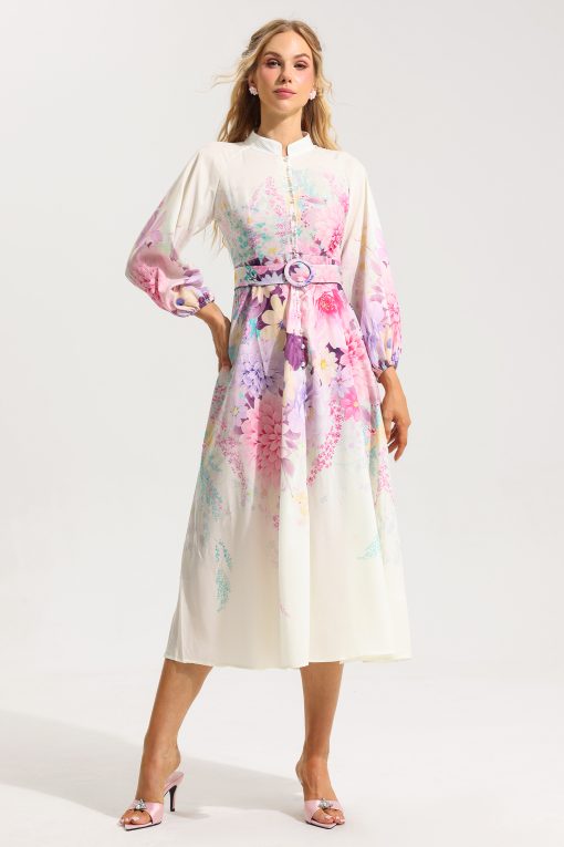 Floral Bottom Lantern Sleeve Midi Dress With Belt