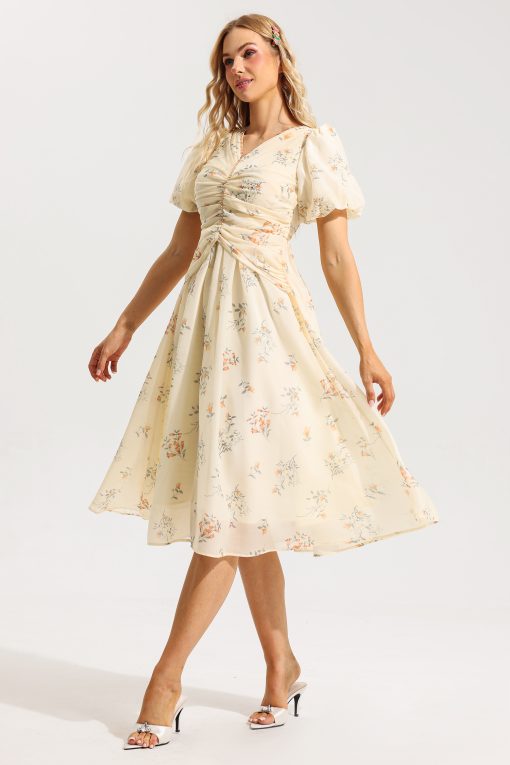 Floral V-Neck Short Sleeve Midi Dress