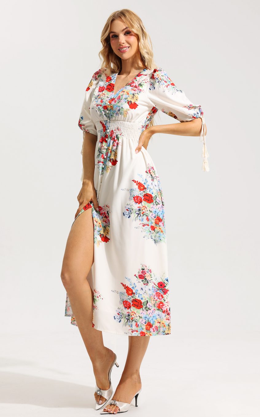 Floral Bottom Puff Sleeve Midi Dress