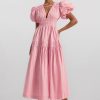 Solid V-Neck Puff Sleeve Midi Dress