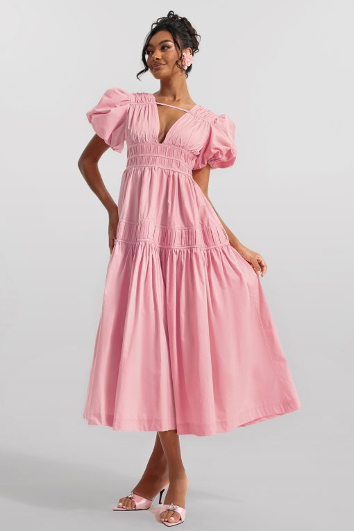 Solid V-Neck Puff Sleeve Midi Dress