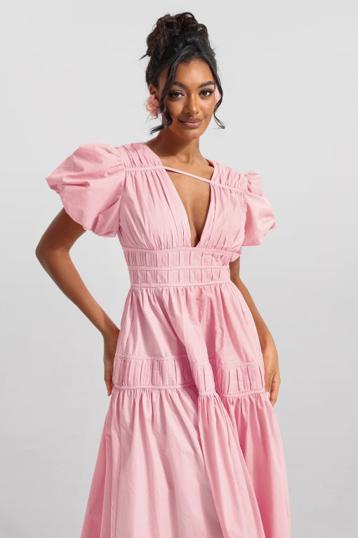 Solid V-Neck Puff Sleeve Midi Dress