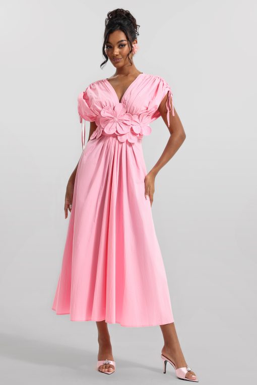 3D Floral V-Neck Lace Up Midi Dress