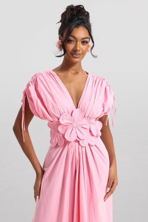 3D Floral V-Neck Lace Up Midi Dress