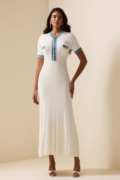 Knit Denim Contrast Color Midi Dress