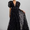 3D Floral Solid Puff Sleeve Maxi Dress