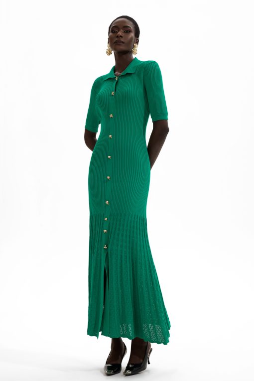 Jersey Flapped Metal Button Midi Dress