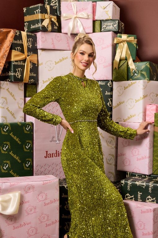 Sequin Velvet Long Sleeve Midi Dress