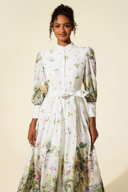 Long Sleeve Floral Stand Collar Midi Dress