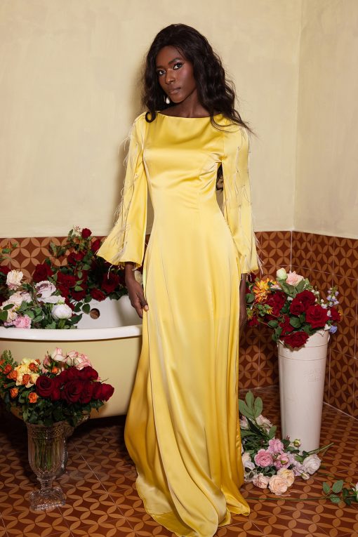 Solid Satin Rhinestone Maxi Dress