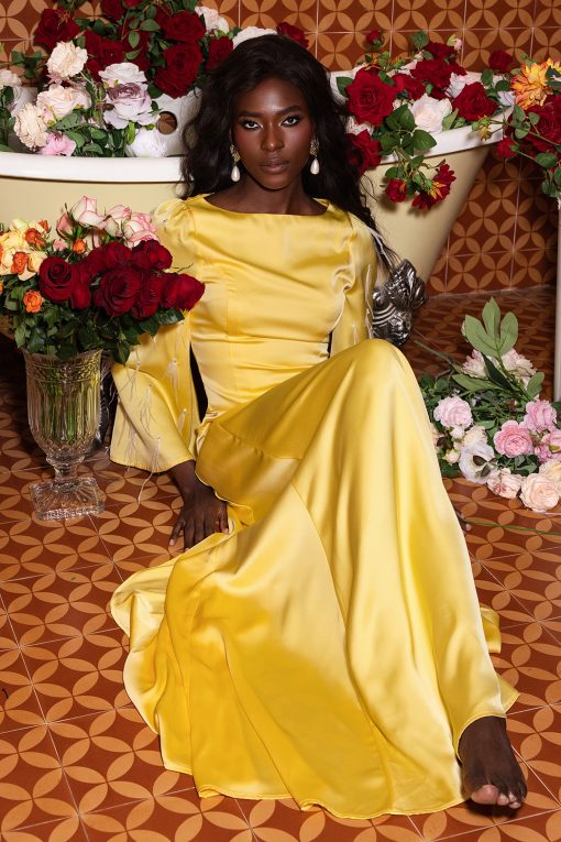 Solid Satin Rhinestone Maxi Dress