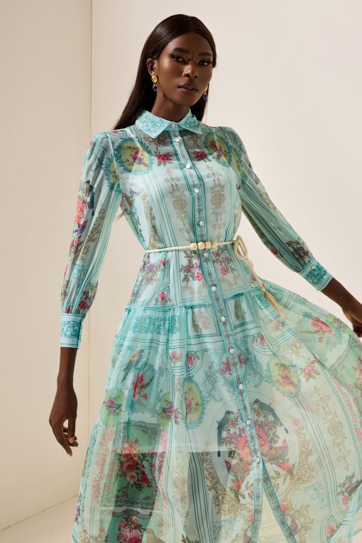 Shirt Collar Floral Lantern Sleeve Midi Dress