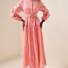 Solid Lantern Sleeve With Belt Midi Dress