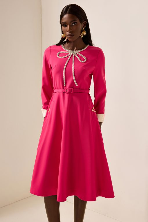 Solid Rhinestone Midi Dress With Belt
