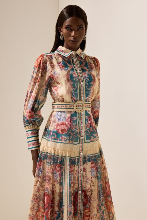 Shirt Collar Floral Lantern Sleeve Midi Dress