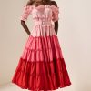 Contrast Color Off-Shoulder Frill Midi Dress
