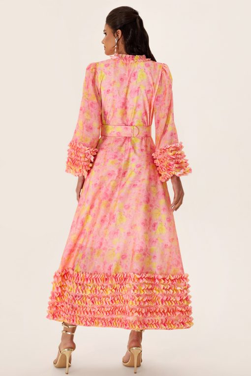 Floral Long Sleeve V-Neck Midi Dress With Belt