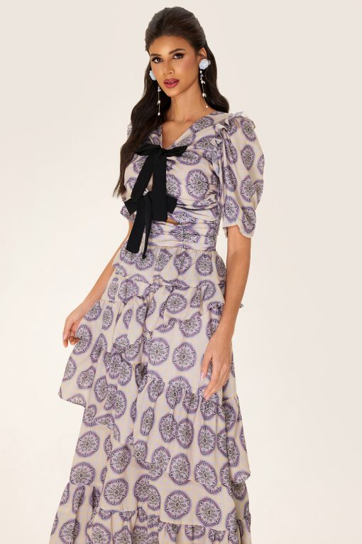 Ruffle Puff Sleeve Bow Midi Dress