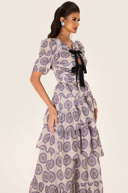 Ruffle Puff Sleeve Bow Midi Dress