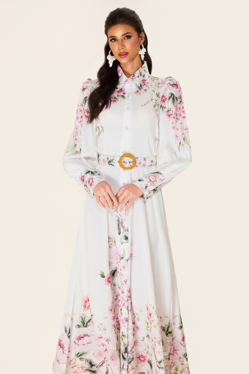Floral Lantern Sleeve Midi Dress With Belt